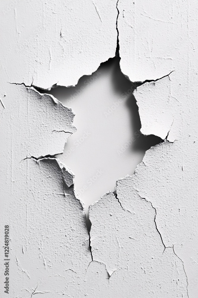 Aufkleber white wall with a large hole and cracks in plaster creating an abstract background texture
