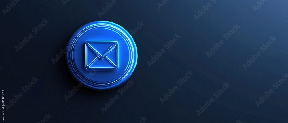 Poster blue envelope icon on dark background with neon effect for communication and digital messaging