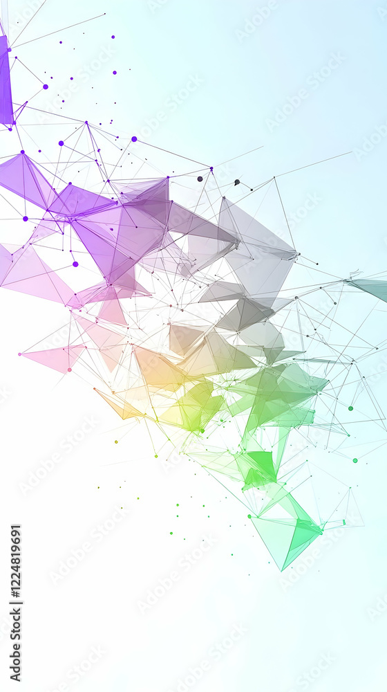 Poster abstract background shows colorful interconnected triangles and dots dynamically scattered across.