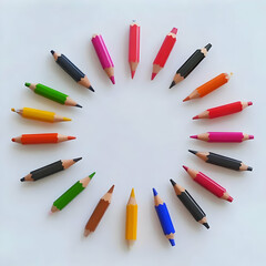 Naklejka premium Colored Pencils Form a Circle on White Background for Creativity and Art