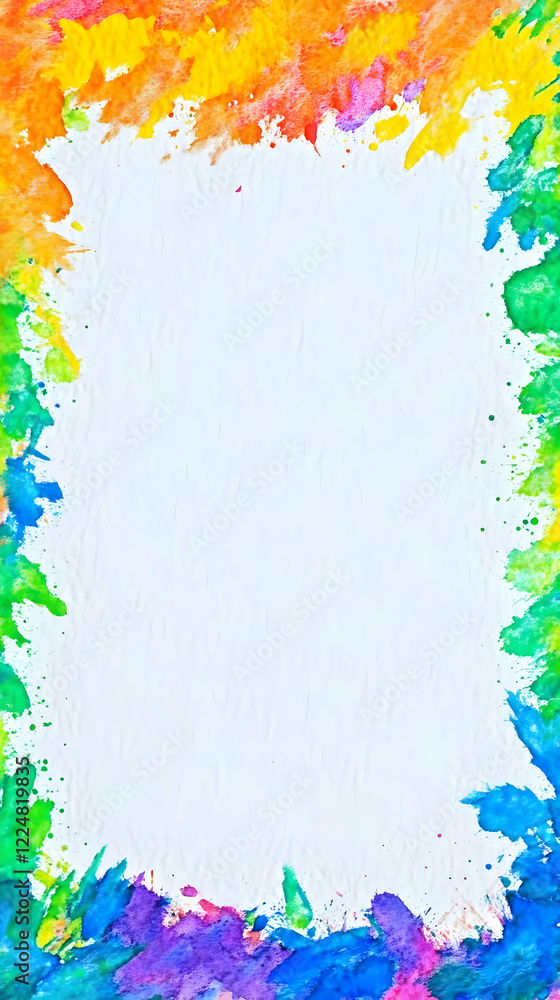 Poster vibrant watercolor border frames a white canvas with colorful splashes and textured background