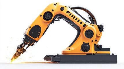 Industrial robotic arm performing precision cutting with sparks in a clean workshop environment