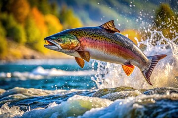 Fototapeta premium Stunning high-resolution images of salmon leaping, showcasing vibrant underwater action and aquatic wildlife.