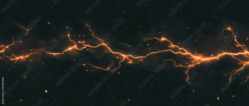 Poster Dynamic lightning overlay texture with fiery energy and glowing borders in black background