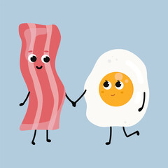 Cute bacon and fried egg falling in love. Love and Valentine's Day concept. Illustration isolated on blue background.