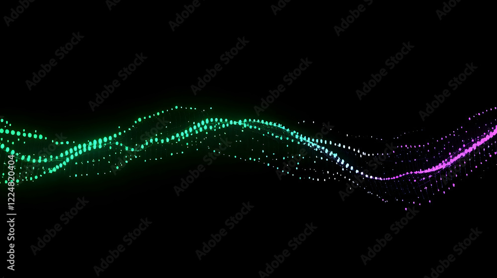 Poster abstract wave of colorful particles flows smoothly on black background