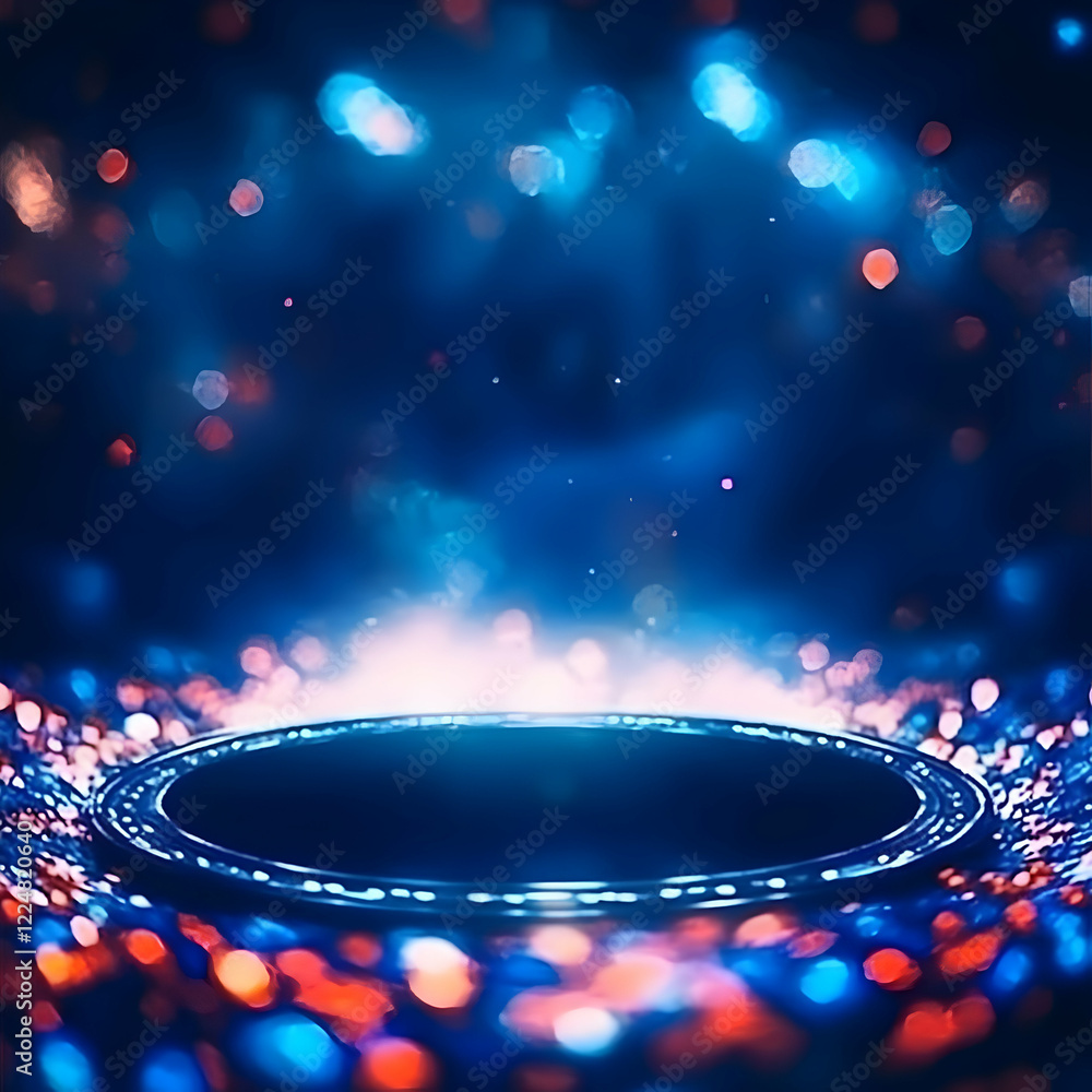 Aufkleber abstract background shows a round stage with colorful bokeh lights and a dark center