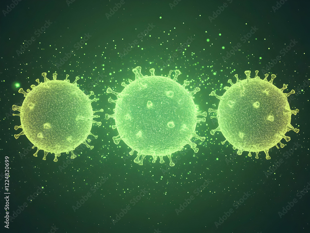 Poster 3d rendered virus cells floating in dark green environment with particles