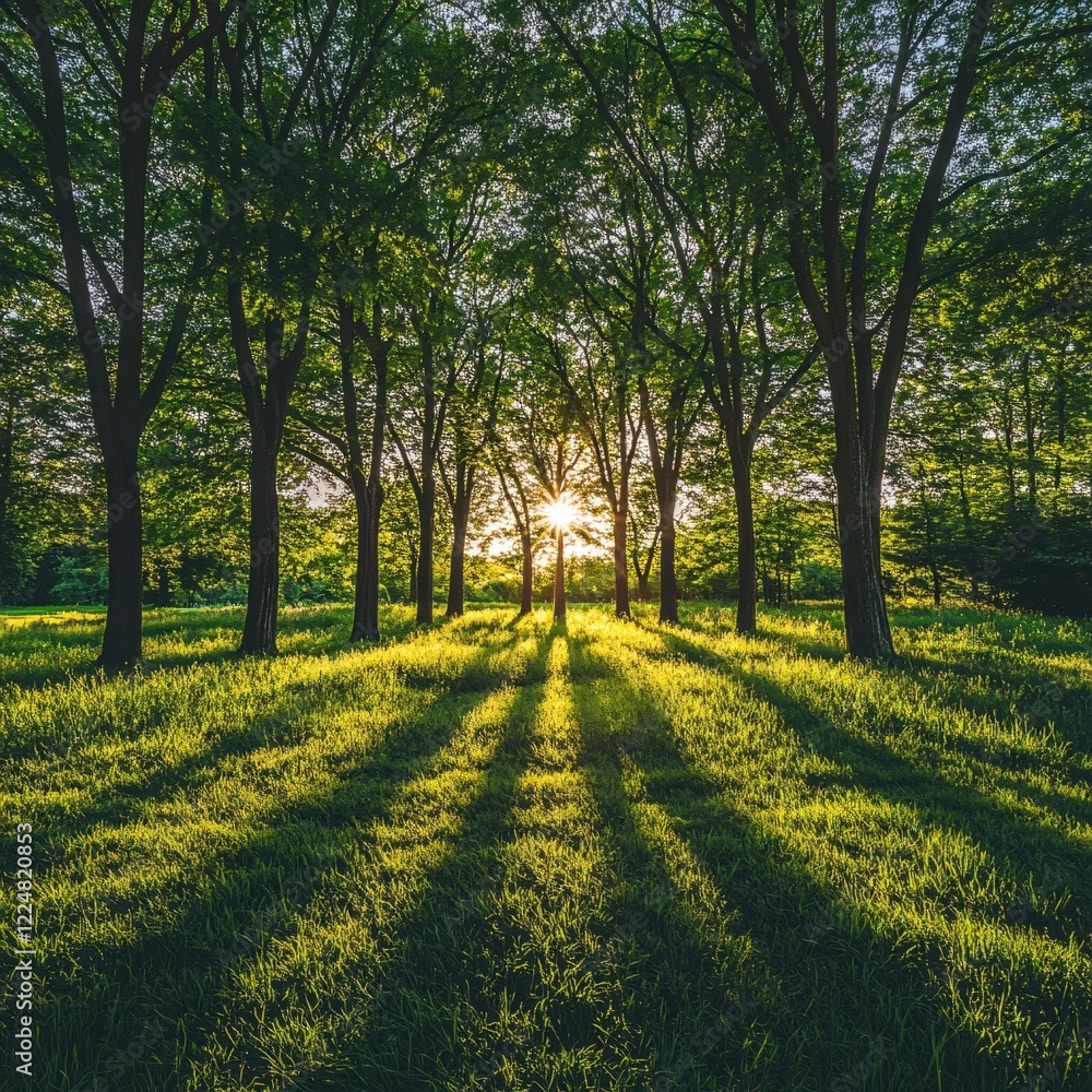 Poster sun rays shining through trees in a forest casting long shadows on the green grass