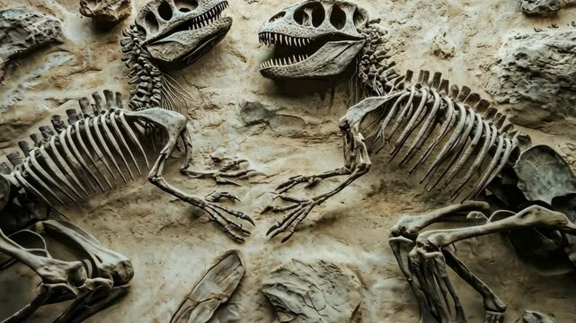 Fossilized dinosaur skeletons uncovered in an archaeological site depicting ancient life around 150 million years ago