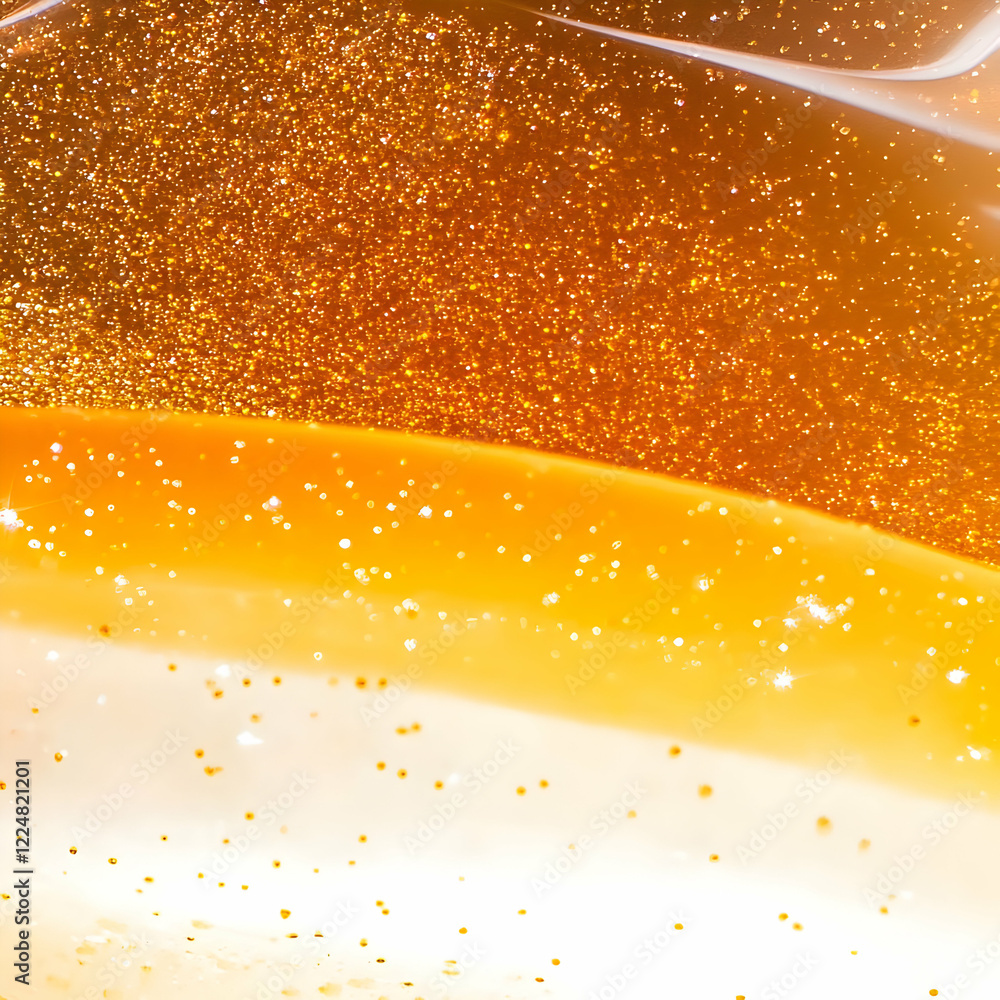 Poster abstract golden liquid background flows smoothly with sparkling glitter particles