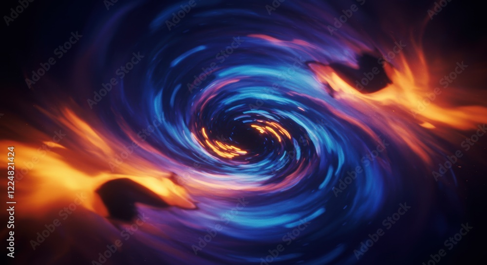 Poster swirling cosmic vortex with fiery abstract elements in motion