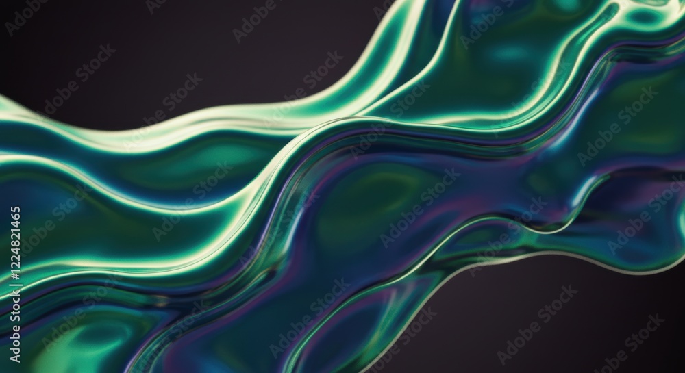 Poster abstract iridescent wave with metallic texture on dark background