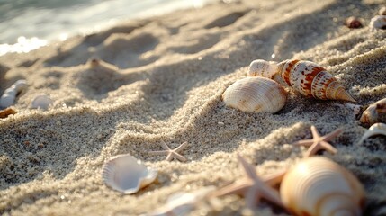 Close-up of beach sand with shells and starfish creating a tranquil coastal vibe