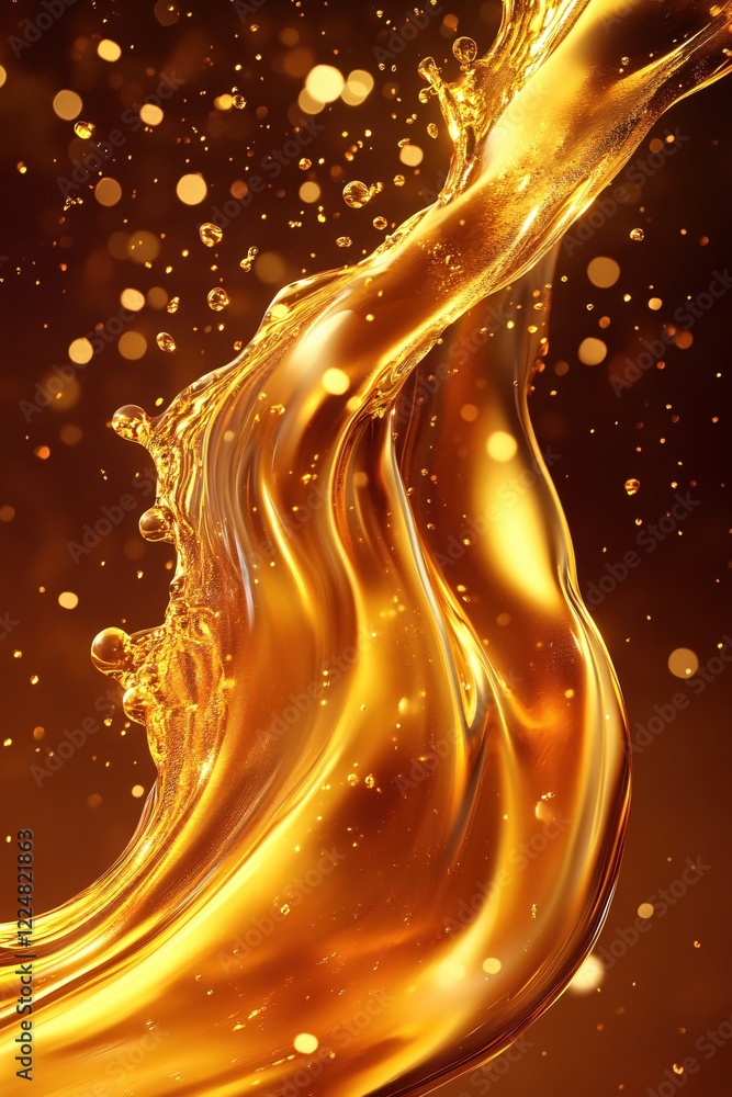Aufkleber golden liquid flow with bokeh background in a dynamic movement with small bubbles and drops