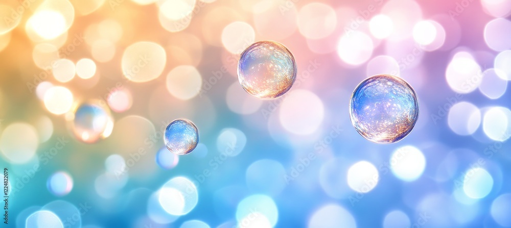 Poster rainbow bokeh background with floating bubbles, abstract gradient colors and festive lights