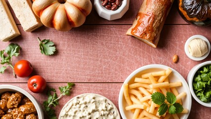 Festive Autumnal Food Flatlay with Copy Space Delicious Dishes and Ingredients Arranged on Rustic