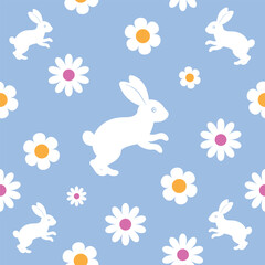 Seamless pattern of cute bunnies. Cute spring Easter rabbit with flower petals. Background texture for Easter and Baby greetings.