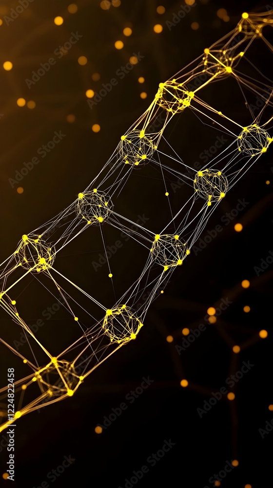 Poster abstract 3d golden network structure connects nodes with lines and glowing particles on a dark backg