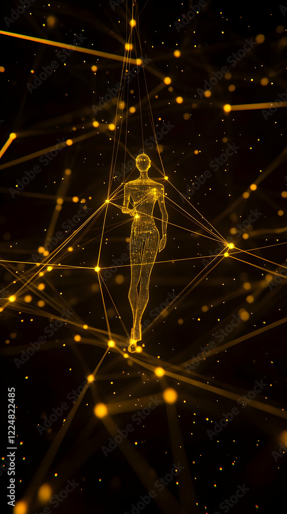 Poster golden wireframe human figure stands within network of interconnected nodes on black background
