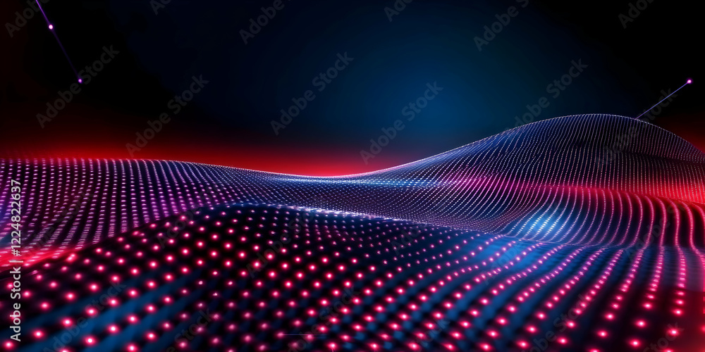 Poster abstract 3d landscape flows smoothly with glowing dots and lines dynamically in vibrant colors.