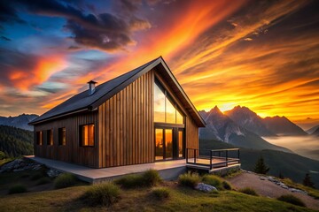 Obraz premium Modern Mountain Wooden House Silhouette at Sunset - Stock Photo