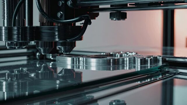 Modern 3D printer creating a complex metallic object layer by layer on a glass platform, showcasing advanced additive manufacturing technology