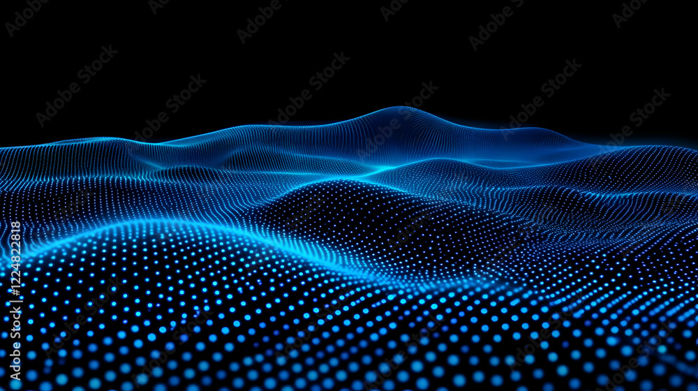 Poster abstract blue particle wave flowing smoothly on a black background