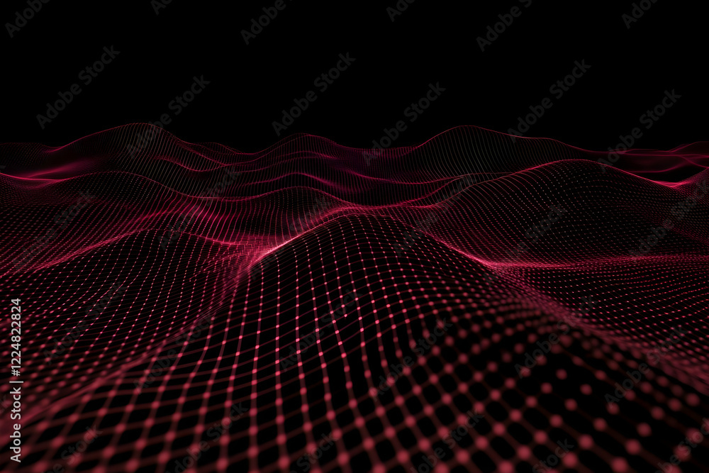 Poster abstract red grid landscape forms a wavy surface on a dark background