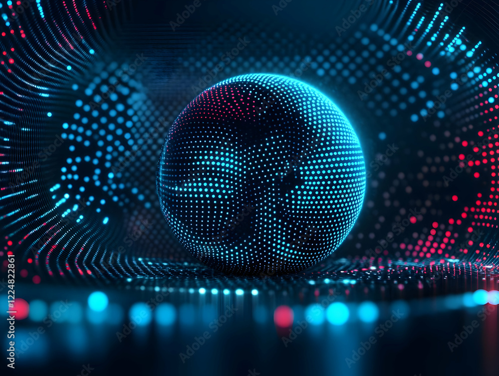 Poster 3d sphere with glowing dots floats on a dark abstract background with light reflections