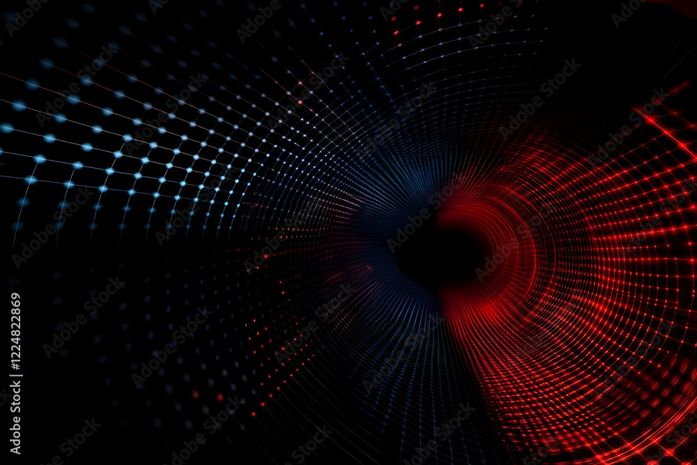 Poster abstract grid tunnel forms dynamic red and blue pattern on black background