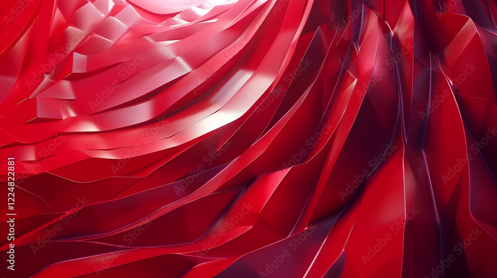 Poster abstract red geometric shapes creating a dynamic wave-like texture.