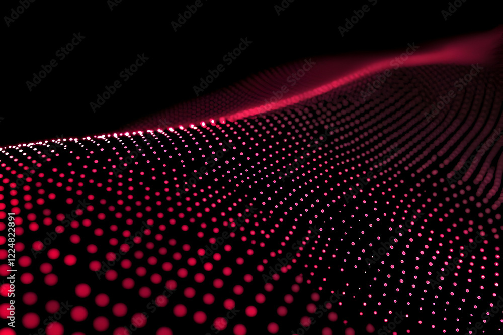 Poster abstract background forms a wave of pink dots on a dark background with dynamic digital effects
