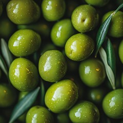 Fresh Green Olives with Leaves Close Up View Food Photography for Mediterranean Cuisine