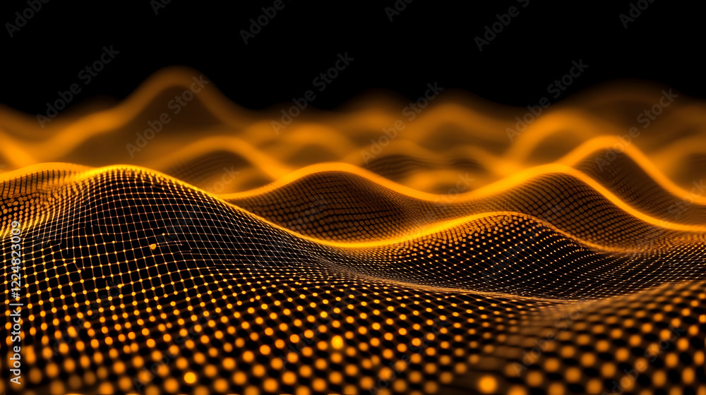 Poster abstract 3d golden grid landscape forms a smooth wavy surface in dark background