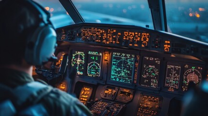 U.S. Air Force Day Illuminated airplane cockpit at dusk: pilot controls and instrumentation