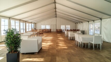Elegant outdoor event tent setup with tables and white decor