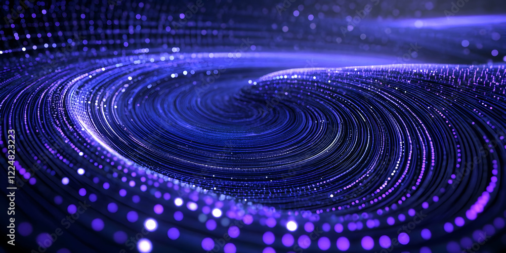 Poster abstract swirling vortex creates a dynamic flow with particles and light trails in blue and purple h