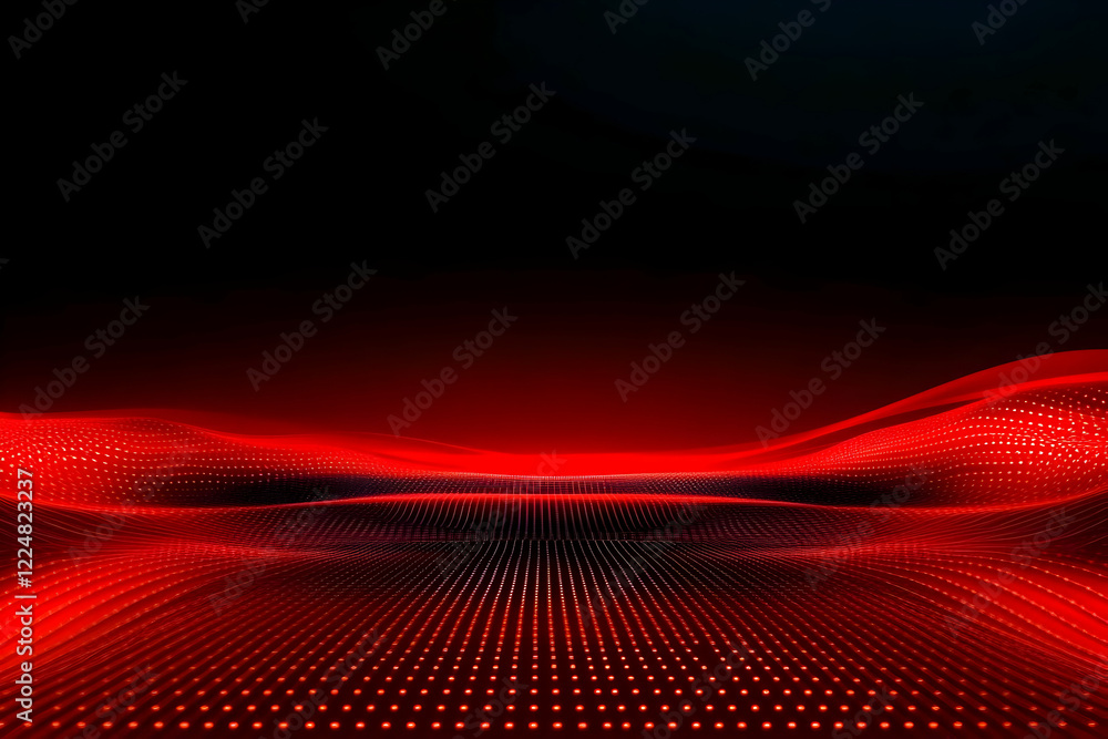Poster Abstract Red Wave Background Flows Smoothly with Glowing Dots and Lines Dynamically.
