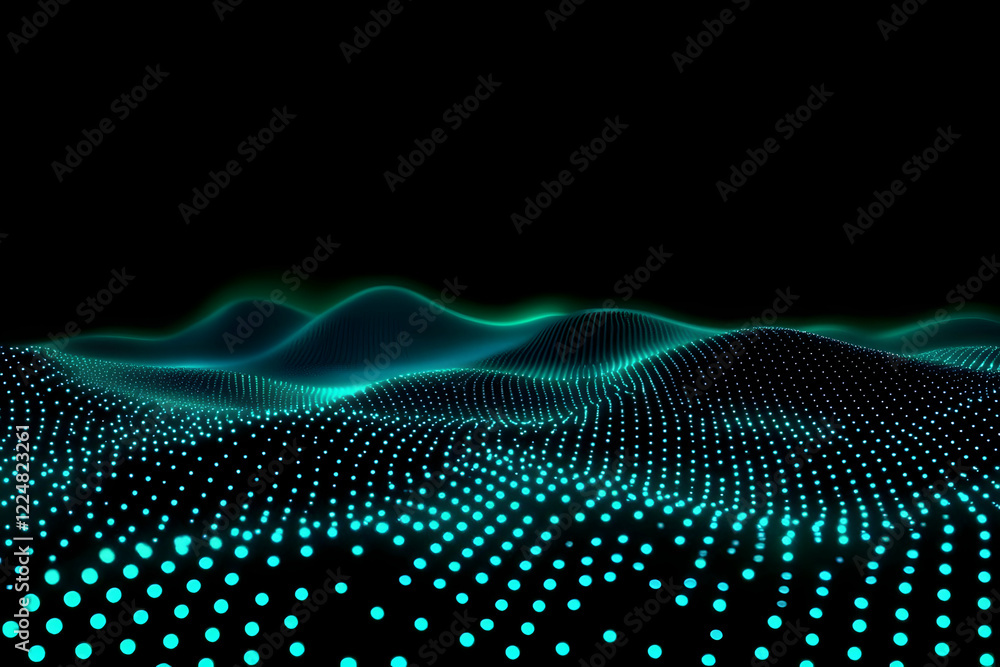 Poster abstract background creates a futuristic landscape with glowing particles and dynamic waves seamless
