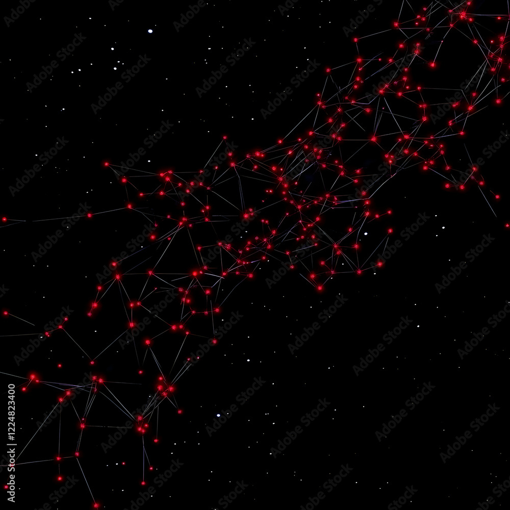 Poster abstract red network connecting dots and lines on a black background with white specks