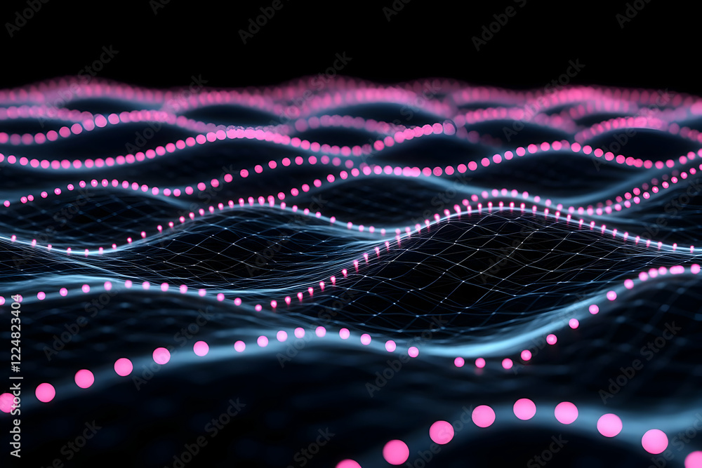 Poster abstract 3d background with pink particles flowing smoothly on a dark background.