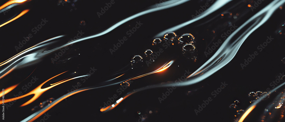 Poster reflective liquid bubbles creating a shiny, textured surface against a black background