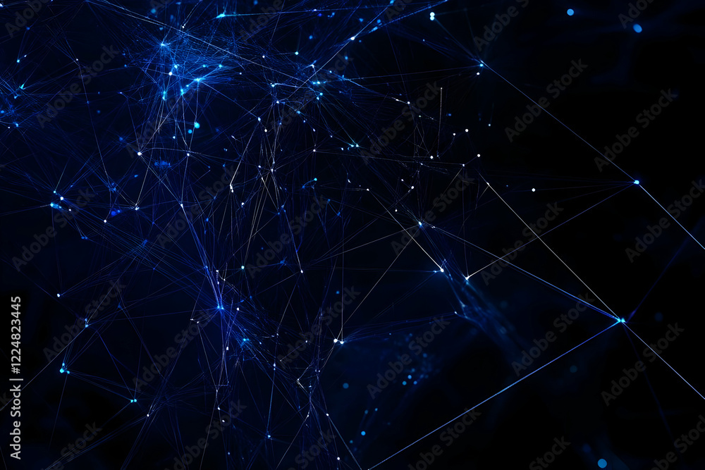Poster abstract blue network background connects nodes dynamically with bright lines on dark canvas.