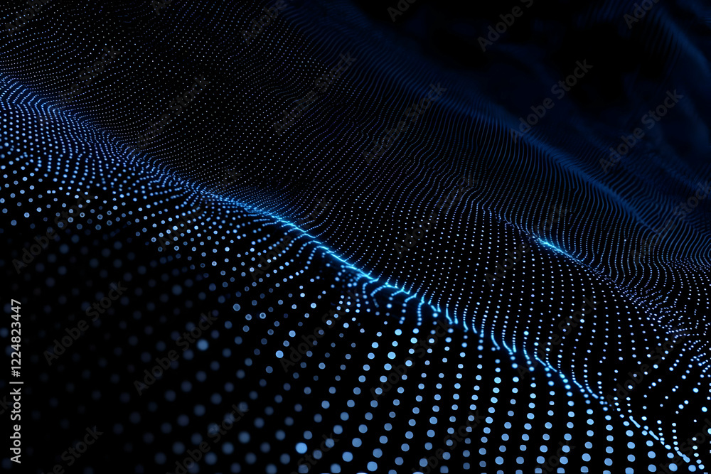 Poster abstract blue particles flowing smoothly on a dark background with wavy pattern