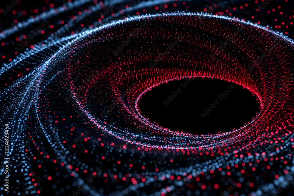 Poster abstract swirling particles form a dynamic vortex with red and blue hues in a dark space.