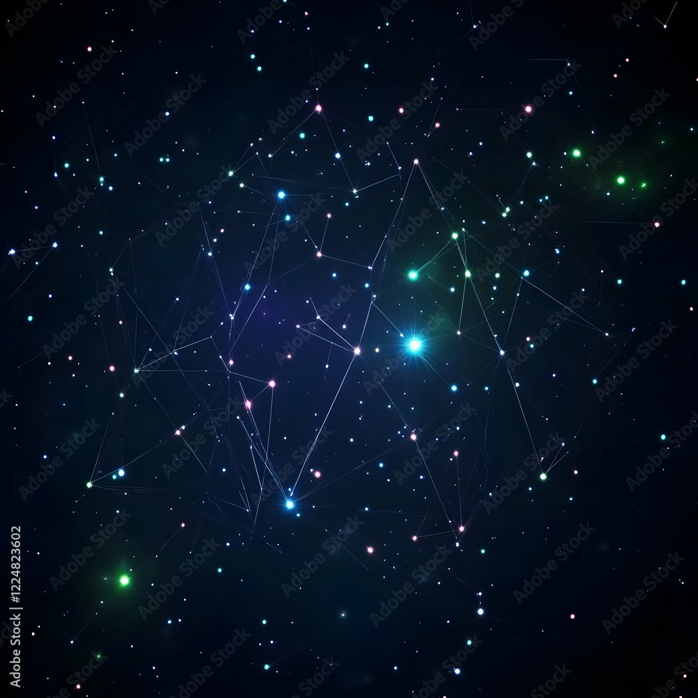 Poster Abstract Background with Connecting Lines and Colorful Glowing Dots on a Dark Background.