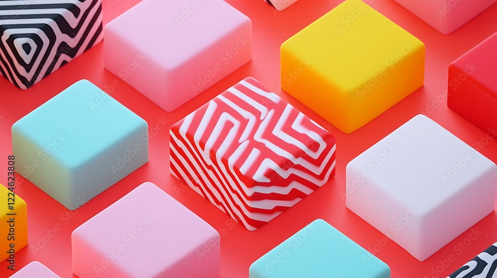 Poster colorful geometric blocks arranged in vibrant patterns on a bright background showcasing playful des