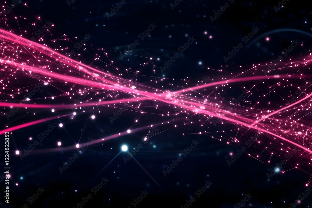 Poster abstract pink energy flows connect with dots in a dark digital space background