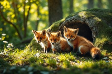Fototapeta premium Three young foxes exploring near their den in a sunlit forest